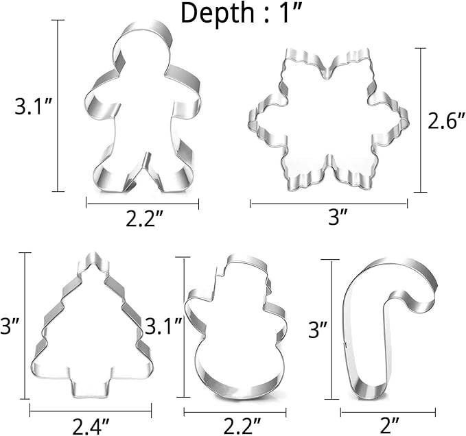 Christmas Cookie Cutter Set - 5 Piece Holiday Cookies Molds - Snowman, Christmas Tree, Gingerbread Man, Candy Cane, Snowflake<br>