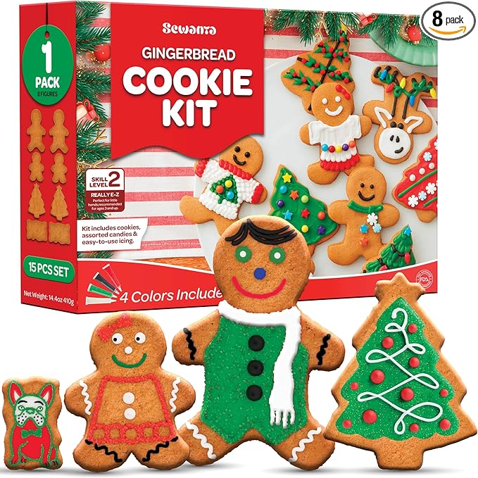 Gingerbread Cookie Kit [Set of 8] Cookie decorating kit: Mom/Dad, 2 Boys, 2 Girls, Dog & Cat. Holiday Fun Activity for Kids - Kit Includes 8 Cookies/Tray/4 Color Tips/2 color Crystals (15 Pcs Set)<br><br>